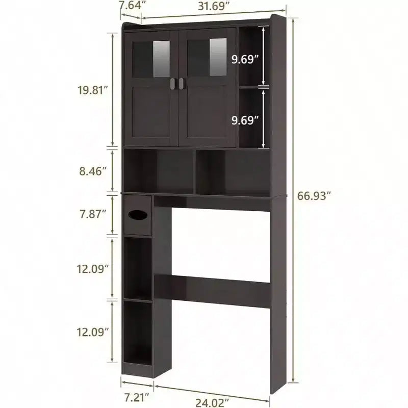 Armadietto sopra il WC, Mensola da bagno con ante in vetro, Ripiani regolabili, Mobiletto indipendente salvaspazio color Espresso sopra il WC