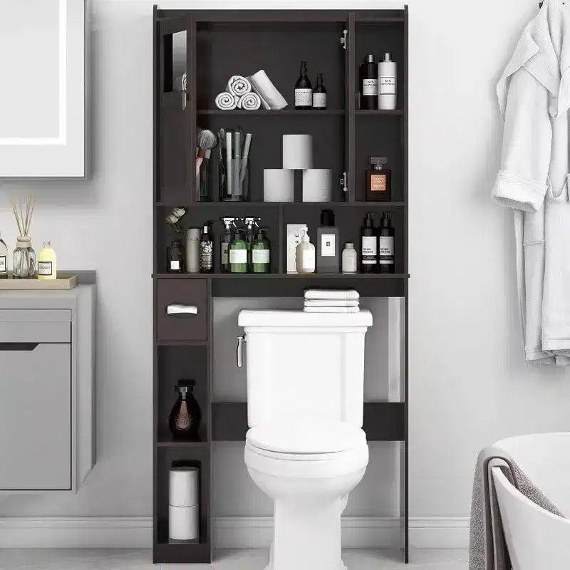 Armadietto sopra il WC, Mensola da bagno con ante in vetro, Ripiani regolabili, Mobiletto indipendente salvaspazio color Espresso sopra il WC