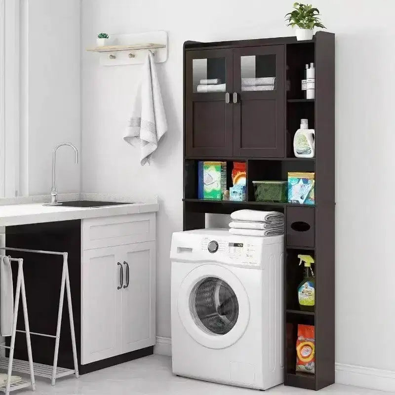 Armadietto sopra il WC, Mensola da bagno con ante in vetro, Ripiani regolabili, Mobiletto indipendente salvaspazio color Espresso sopra il WC