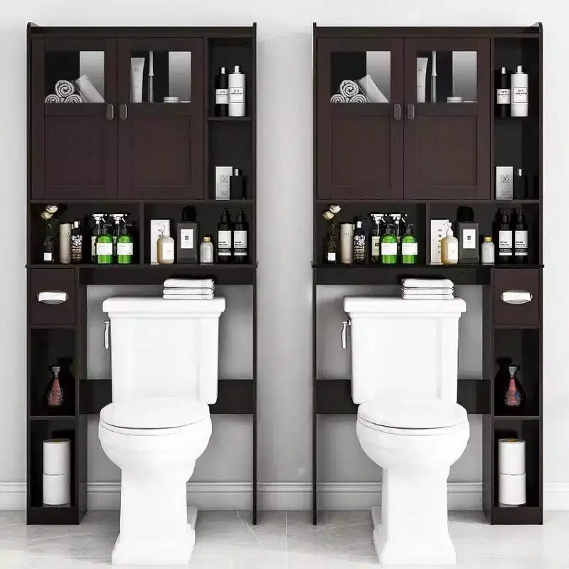 Armadietto sopra il WC, Mensola da bagno con ante in vetro, Ripiani regolabili, Mobiletto indipendente salvaspazio color Espresso sopra il WC