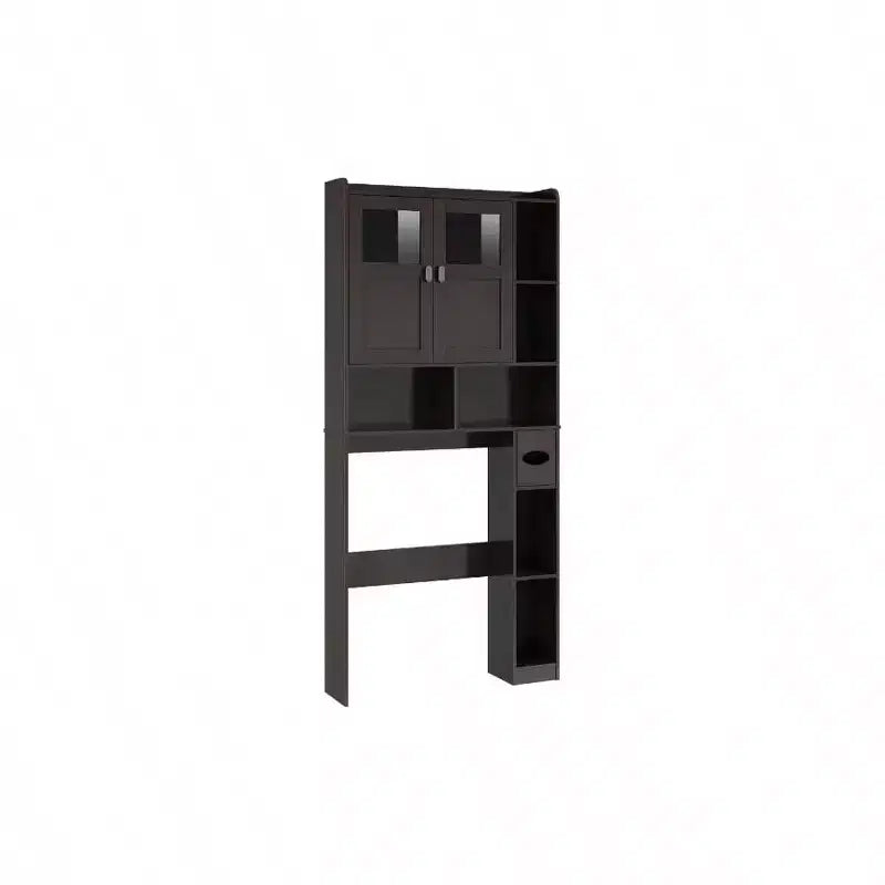 Armadietto sopra il WC, Mensola da bagno con ante in vetro, Ripiani regolabili, Mobiletto indipendente salvaspazio color Espresso sopra il WC