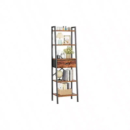 5 Tier Ladder Shelf Tall Narrow Bookshelf with Drawer Industrial Open Display Shelves Organizer Rustic Brown Bathroom