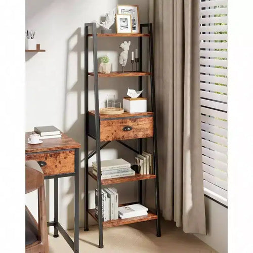 Scaffale a Scala a 5 Ripiani Libreria Alta e Stretta con Cassetto Mensole Aperte Industriali Organizzatore da Bagno Marrone Rustico