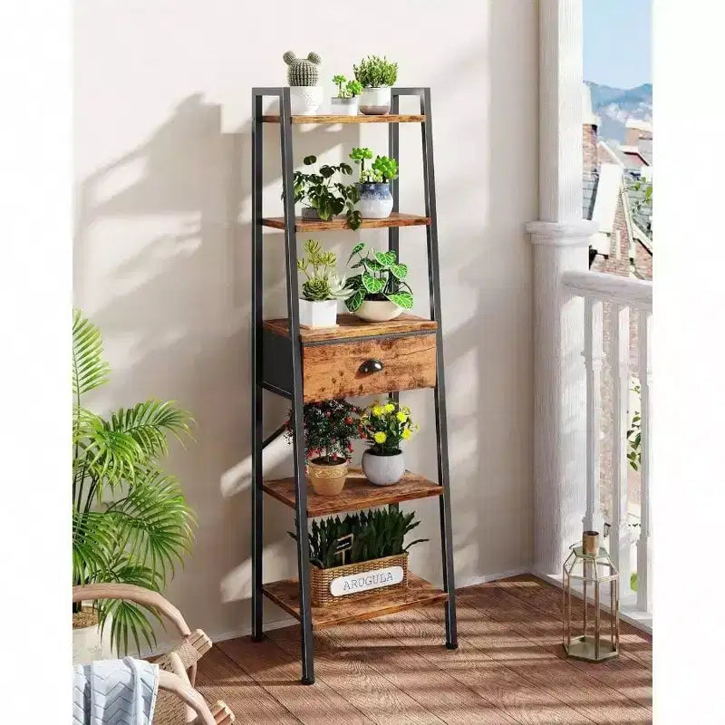 Scaffale a Scala a 5 Ripiani Libreria Alta e Stretta con Cassetto Mensole Aperte Industriali Organizzatore da Bagno Marrone Rustico