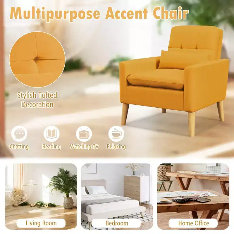Costway Poltrona Accent Imbottita con Braccioli Trapuntati, Cuscino Lombare, Gambe in Legno di Gomma Naturale, Set da 2 Pezzi