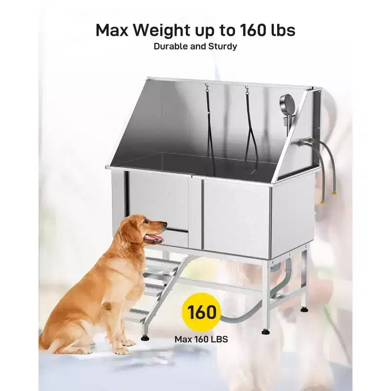 Vasca per bagno cani, Vasca da toelettatura per cani professionale in acciaio inossidabile da 127 cm - con scale, griglia da pavimento e rubinetto per animali domestici di taglia media e piccola