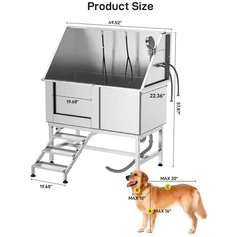 Vasca per bagno cani, Vasca da toelettatura per cani professionale in acciaio inossidabile da 127 cm - con scale, griglia da pavimento e rubinetto per animali domestici di taglia media e piccola