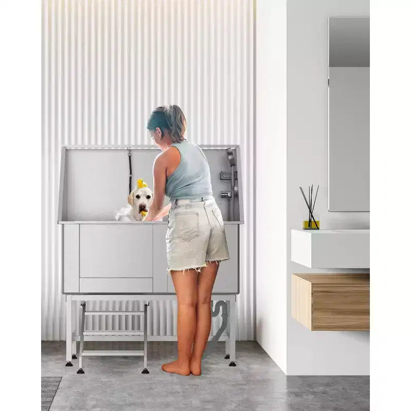 Vasca per bagno cani, Vasca da toelettatura per cani professionale in acciaio inossidabile da 127 cm - con scale, griglia da pavimento e rubinetto per animali domestici di taglia media e piccola