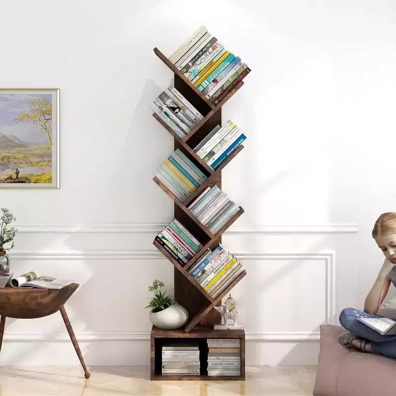 8-Tier Tree Bookcase with Storage, Tall Floor Standing Shelf for Living Room Bedroom Home Office, Multi-Functional Organizer with Wood Tone Finish