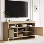 Modern Rattan TV Console 58 Inch Media Cabinet with 4 Open Drawers, 2 Doors, Adjustable Shelves, Storage Cabinet for TV up to 65 Inches