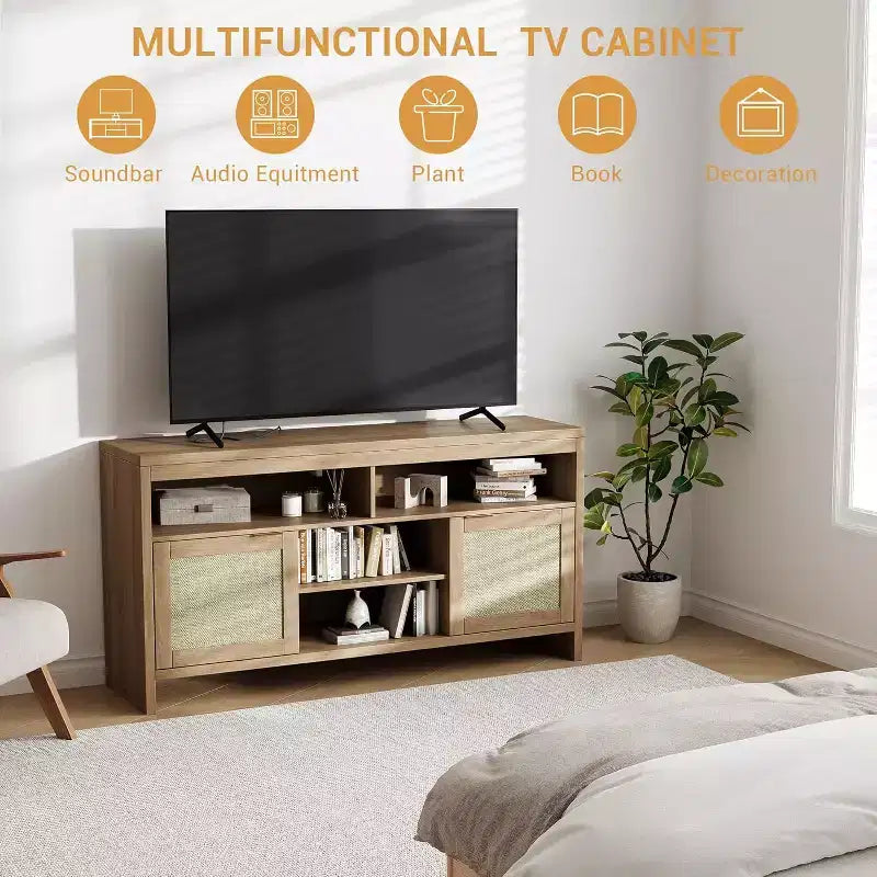Mobile TV Moderno in Rattan, Consolle Media da 58 Pollici con 4 Cassetti Aperti, 2 Ante, Ripiani Regolabili, Mobile Contenitore per TV fino a 65 Pollici