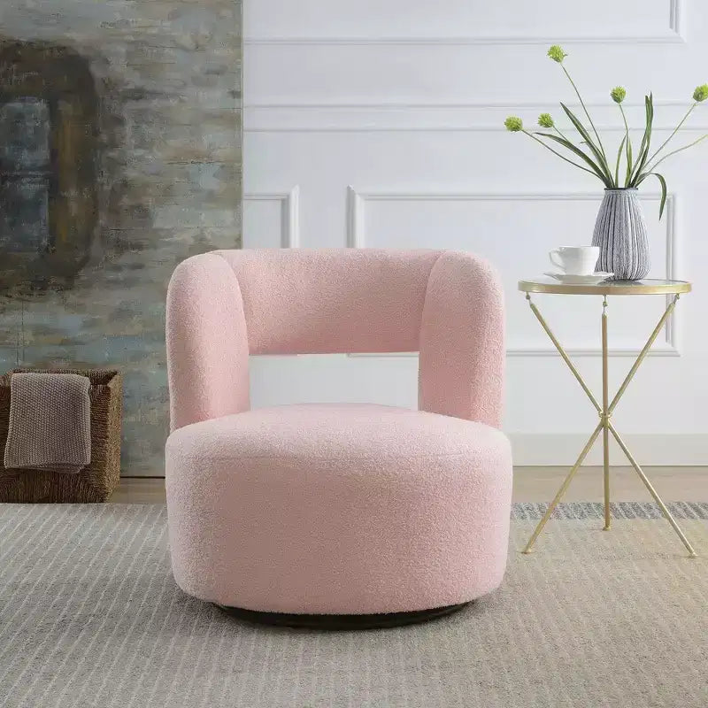 Poltrona girevole moderna Okak con rivestimento in tessuto bouclé, design curvo, morbida, rotonda, per soggiorno, camera da letto