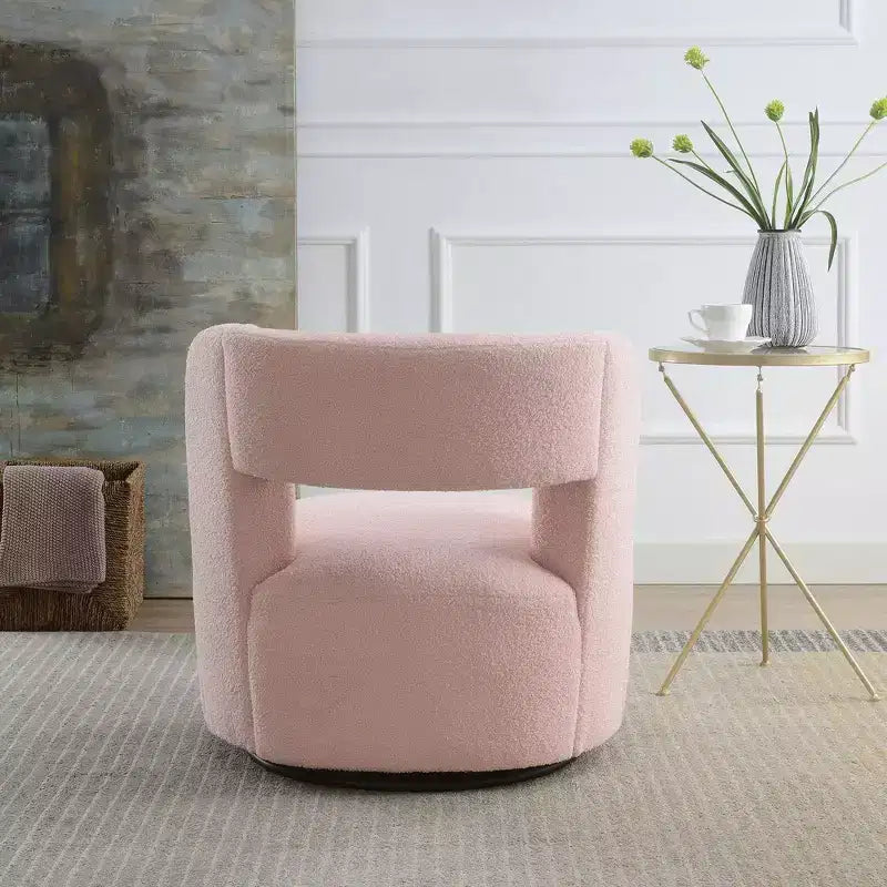Poltrona girevole moderna Okak con rivestimento in tessuto bouclé, design curvo, morbida, rotonda, per soggiorno, camera da letto