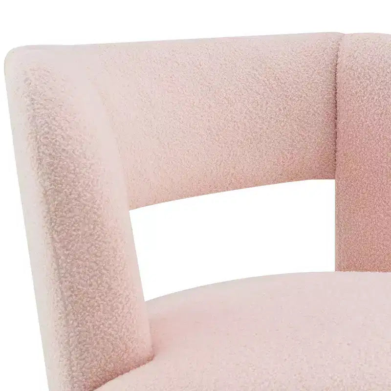 Poltrona girevole moderna Okak con rivestimento in tessuto bouclé, design curvo, morbida, rotonda, per soggiorno, camera da letto