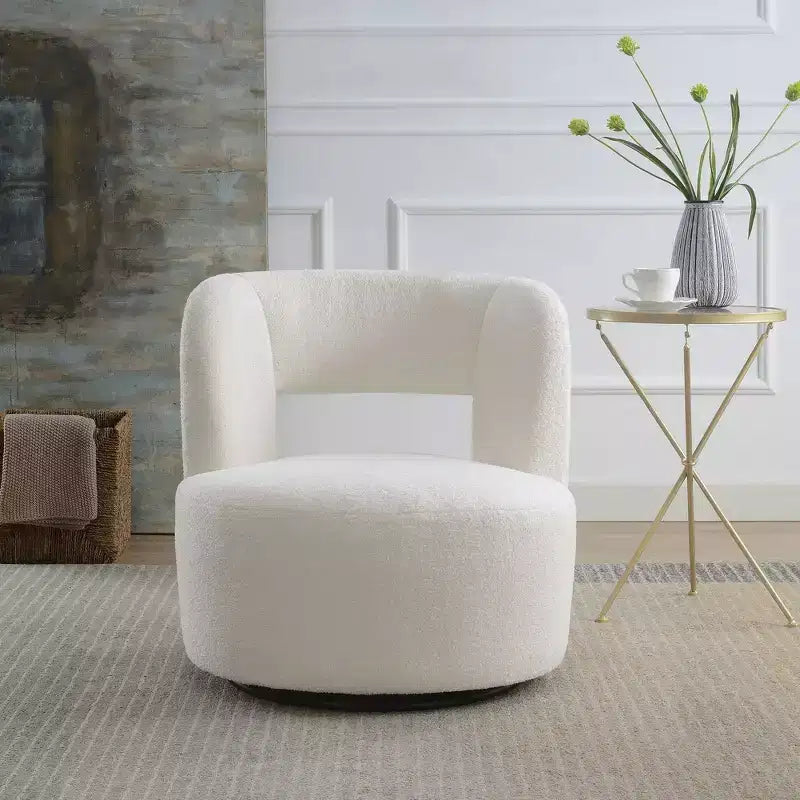 Poltrona girevole moderna Okak con rivestimento in tessuto bouclé, design curvo, morbida, rotonda, per soggiorno, camera da letto