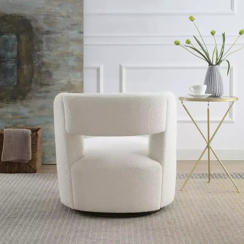 Poltrona girevole moderna Okak con rivestimento in tessuto bouclé, design curvo, morbida, rotonda, per soggiorno, camera da letto