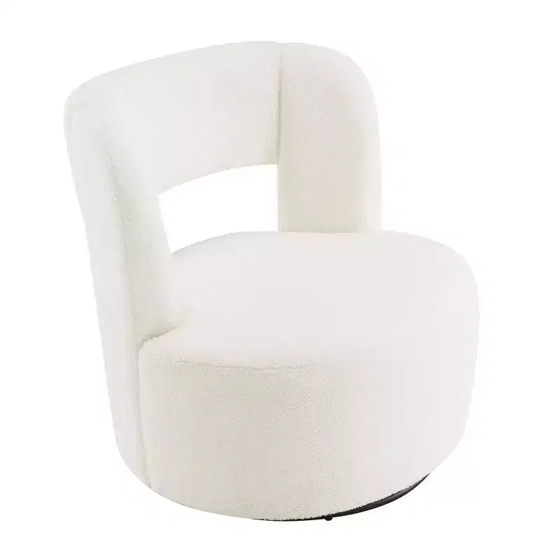 Poltrona girevole moderna Okak con rivestimento in tessuto bouclé, design curvo, morbida, rotonda, per soggiorno, camera da letto