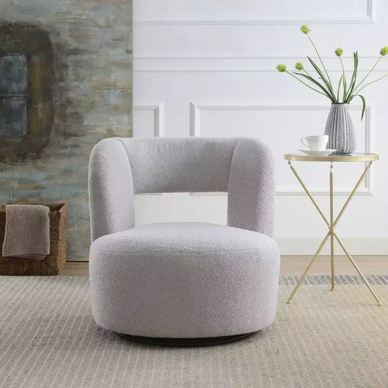 Poltrona girevole moderna Okak con rivestimento in tessuto bouclé, design curvo, morbida, rotonda, per soggiorno, camera da letto