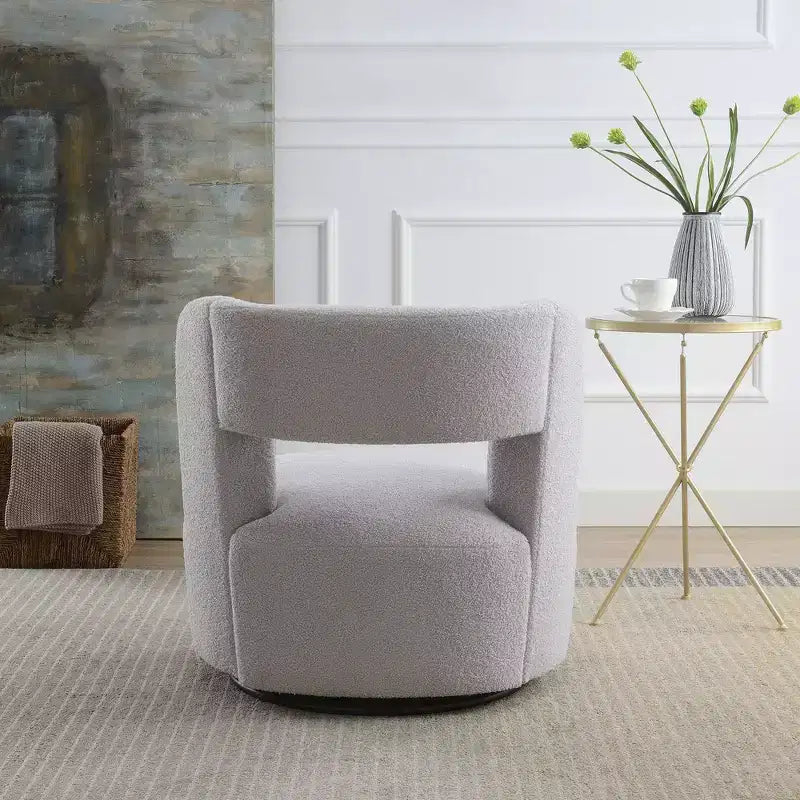 Poltrona girevole moderna Okak con rivestimento in tessuto bouclé, design curvo, morbida, rotonda, per soggiorno, camera da letto