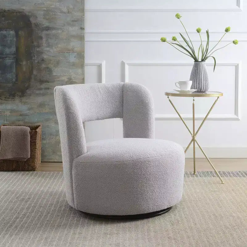 Poltrona girevole moderna Okak con rivestimento in tessuto bouclé, design curvo, morbida, rotonda, per soggiorno, camera da letto
