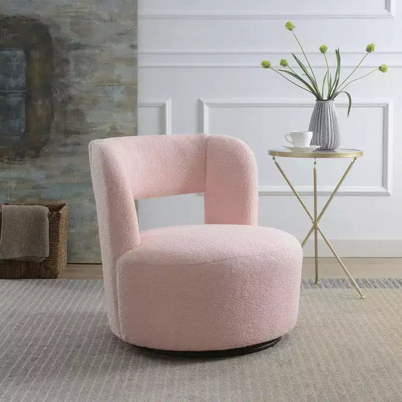 Poltrona girevole moderna Okak con rivestimento in tessuto bouclé, design curvo, morbida, rotonda, per soggiorno, camera da letto