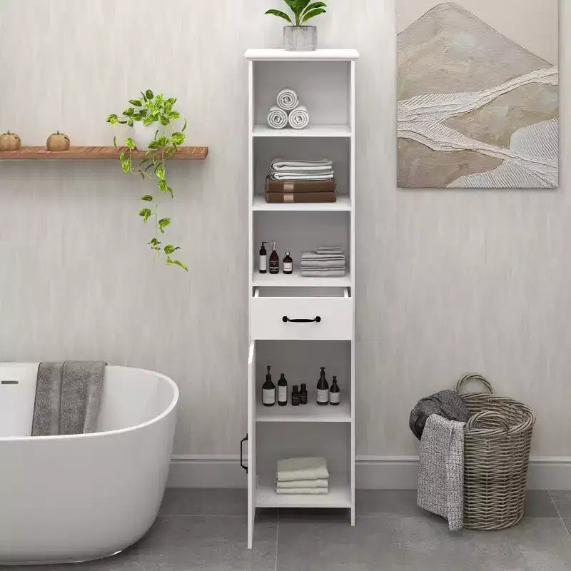 Armadietto da bagno alto 165 cm, mobiletto da pavimento in legno con cassetti e ripiano regolabile, organizer salvaspazio sottile autoportante per bagno soggiorno