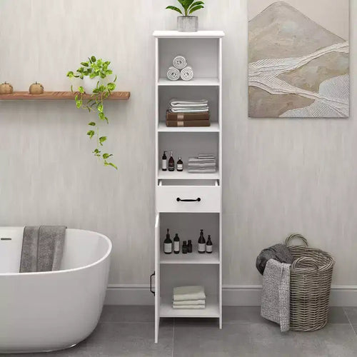 Armadietto da bagno alto 165 cm, mobiletto da pavimento in legno con cassetti e ripiano regolabile, organizer salvaspazio sottile autoportante per bagno soggiorno