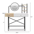 Mobile toeletta Okak con specchio rotondo a 3 modalità e stazione di ricarica wireless, toeletta per ragazze con cassetto e 3 ripiani aperti, bianco