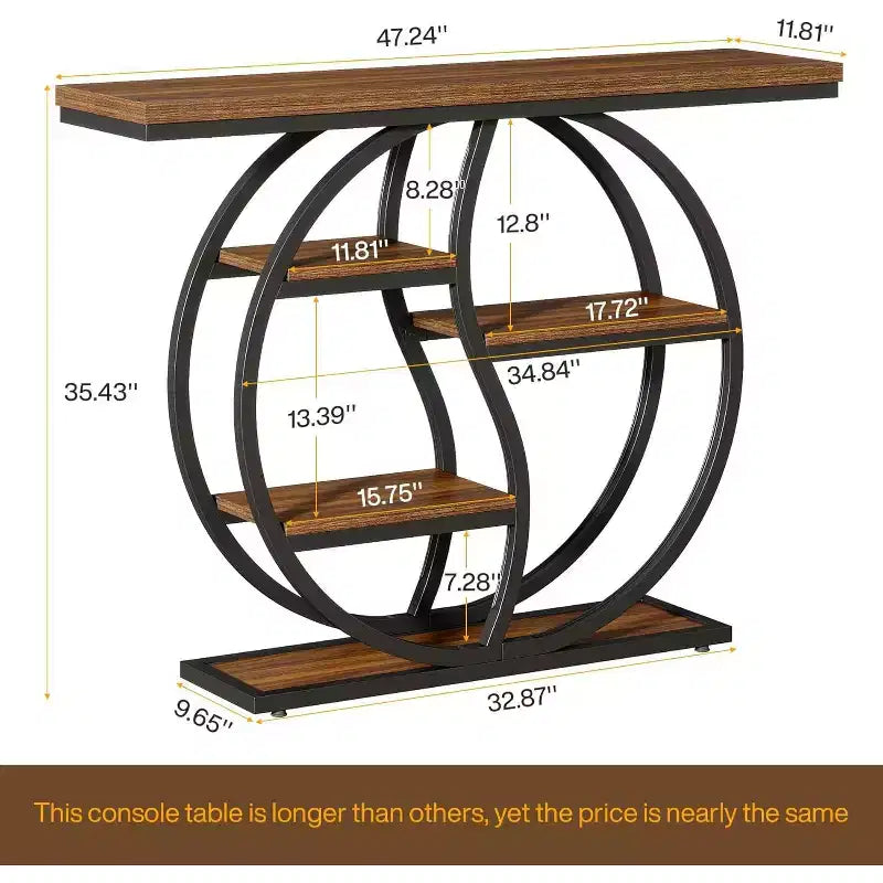 Lantine 47.24 Tavolo console, tavolo da divano industriale a 5 ripiani, tavolo d'ingresso con ripiani portaoggetti per piccoli spazi, corridoio, foyer