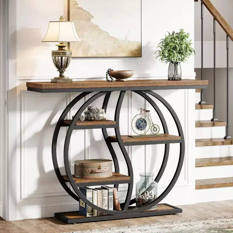 Lantine 47.24 Tavolo console, tavolo da divano industriale a 5 ripiani, tavolo d'ingresso con ripiani portaoggetti per piccoli spazi, corridoio, foyer
