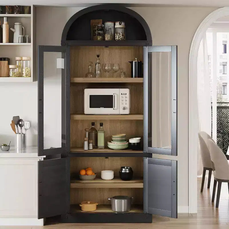 Libreria ad arco con ante, libreria moderna a 6 ripiani con ante, vetrinetta in legno, scaffali portaoggetti in stile rustico per soggiorno, ufficio