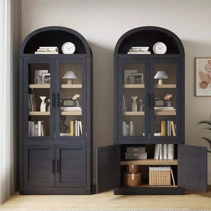 Libreria ad arco con ante, libreria moderna a 6 ripiani con ante, vetrinetta in legno, scaffali portaoggetti in stile rustico per soggiorno, ufficio