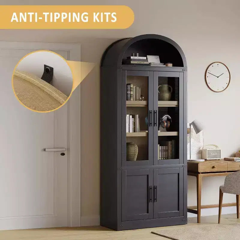 Libreria ad arco con ante, libreria moderna a 6 ripiani con ante, vetrinetta in legno, scaffali portaoggetti in stile rustico per soggiorno, ufficio
