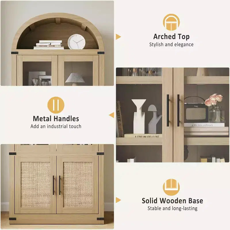 Libreria ad arco con ante, libreria moderna a 6 ripiani con ante, vetrinetta in legno, scaffali portaoggetti in stile rustico per soggiorno, ufficio
