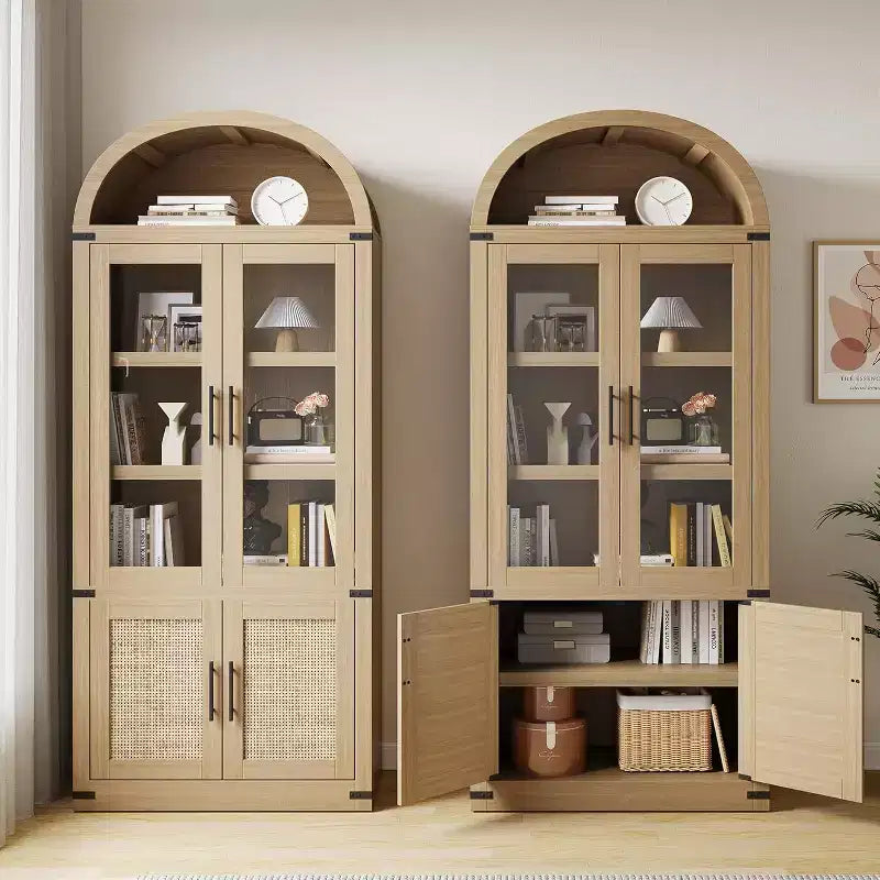 Libreria ad arco con ante, libreria moderna a 6 ripiani con ante, vetrinetta in legno, scaffali portaoggetti in stile rustico per soggiorno, ufficio