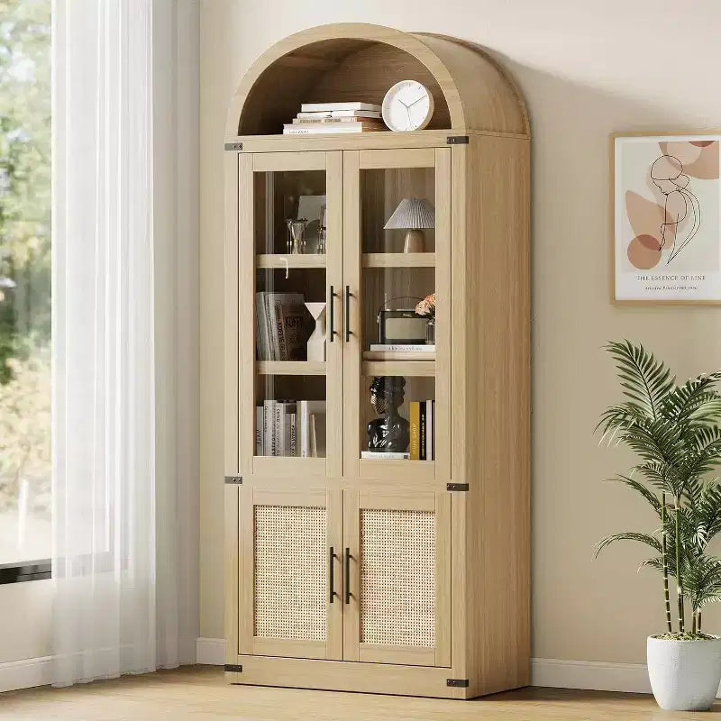 Libreria ad arco con ante, libreria moderna a 6 ripiani con ante, vetrinetta in legno, scaffali portaoggetti in stile rustico per soggiorno, ufficio