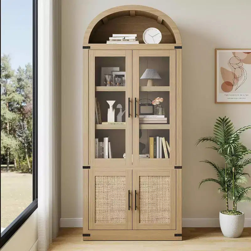 Libreria ad arco con ante, libreria moderna a 6 ripiani con ante, vetrinetta in legno, scaffali portaoggetti in stile rustico per soggiorno, ufficio