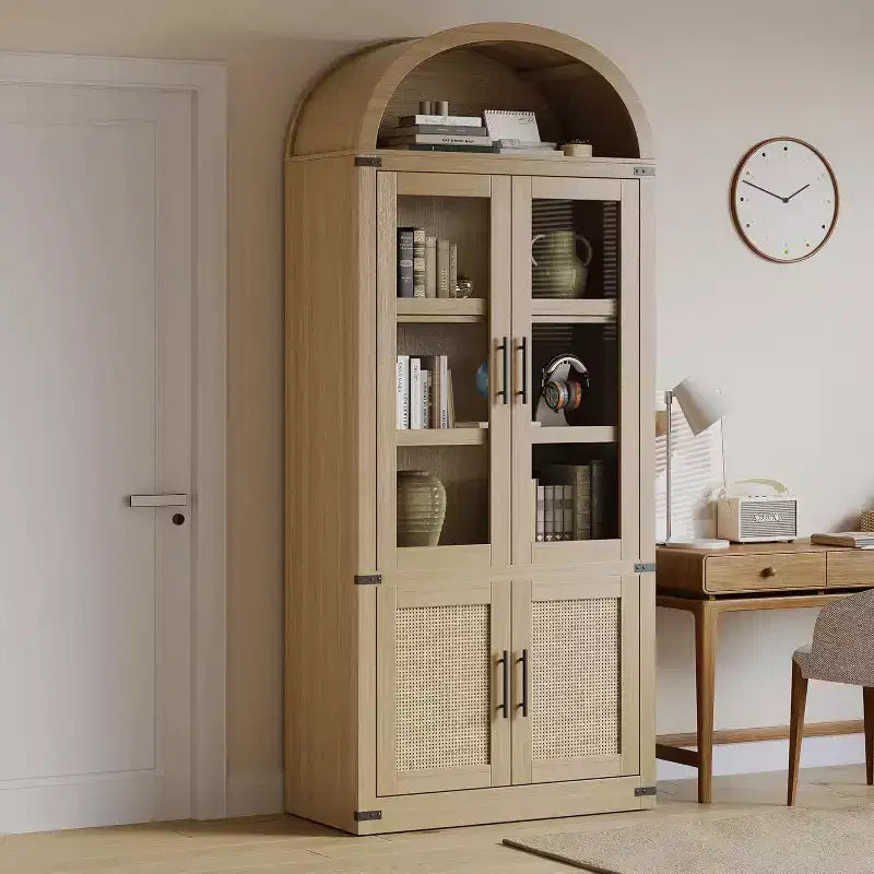 Libreria ad arco con ante, libreria moderna a 6 ripiani con ante, vetrinetta in legno, scaffali portaoggetti in stile rustico per soggiorno, ufficio