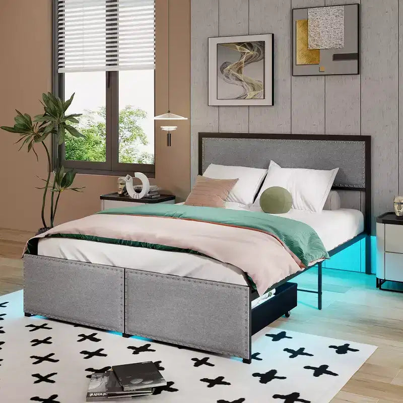 Struttura letto matrimoniale Costway con 2 cassetti portaoggetti, luci LED e doghe, stile moderno