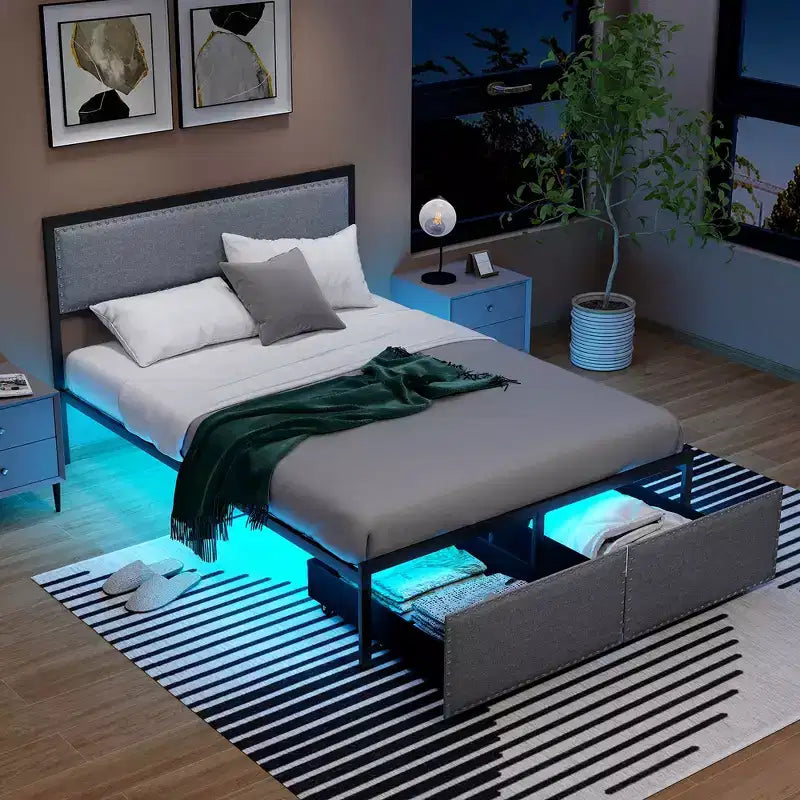 Struttura letto matrimoniale Costway con 2 cassetti portaoggetti, luci LED e doghe, stile moderno