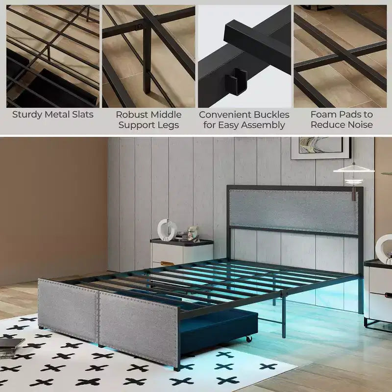 Struttura letto matrimoniale Costway con 2 cassetti portaoggetti, luci LED e doghe, stile moderno