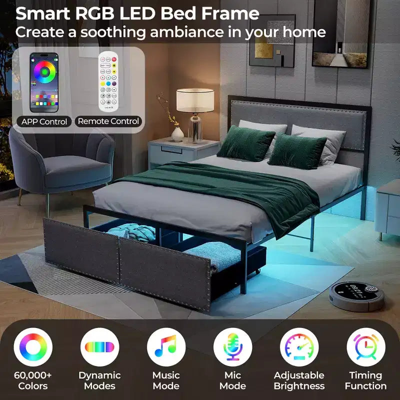 Struttura letto matrimoniale Costway con 2 cassetti portaoggetti, luci LED e doghe, stile moderno