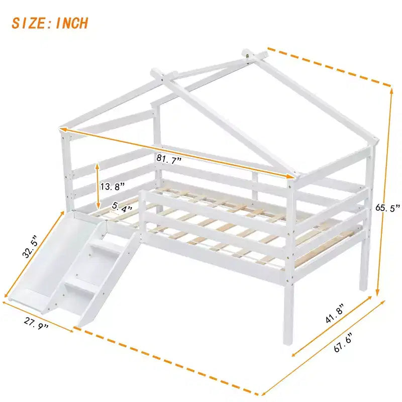 Letto a soppalco basso doppio Luxystar con scivolo, scaletta, spondine di sicurezza e struttura a casetta per la cameretta dei bambini