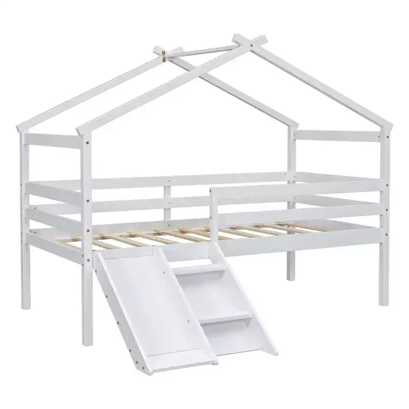 Letto a soppalco basso doppio Luxystar con scivolo, scaletta, spondine di sicurezza e struttura a casetta per la cameretta dei bambini