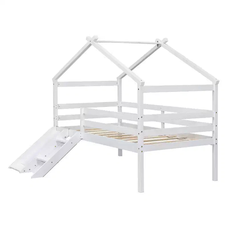 Letto a soppalco basso doppio Luxystar con scivolo, scaletta, spondine di sicurezza e struttura a casetta per la cameretta dei bambini
