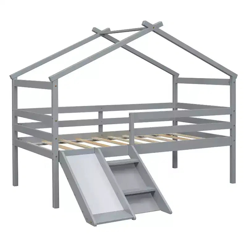 Letto a soppalco basso doppio Luxystar con scivolo, scaletta, spondine di sicurezza e struttura a casetta per la cameretta dei bambini