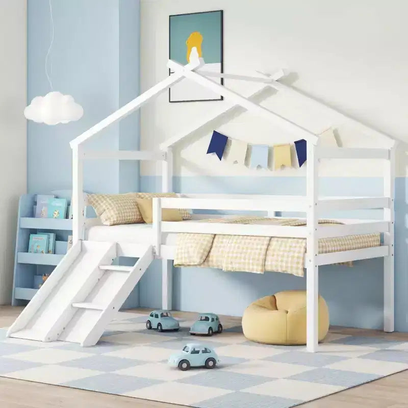 Letto a soppalco basso doppio Luxystar con scivolo, scaletta, spondine di sicurezza e struttura a casetta per la cameretta dei bambini