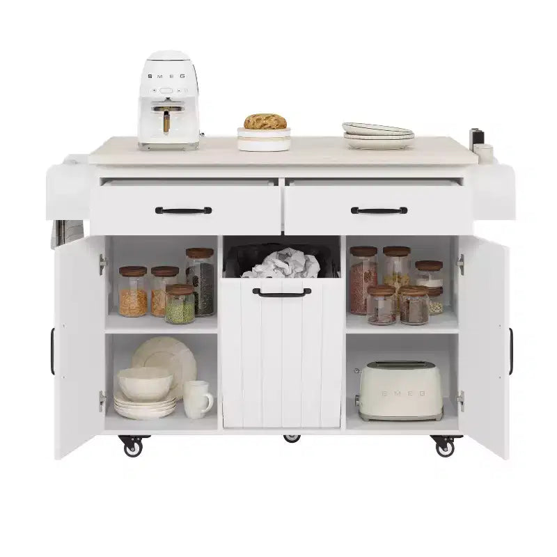 Isola da Cucina con Mobile Contenitore per Pattumiera, Carrello da Cucina con Anta a Ribalta, Isola da Cucina su Ruote con Ripiano Regolabile e Cassetto