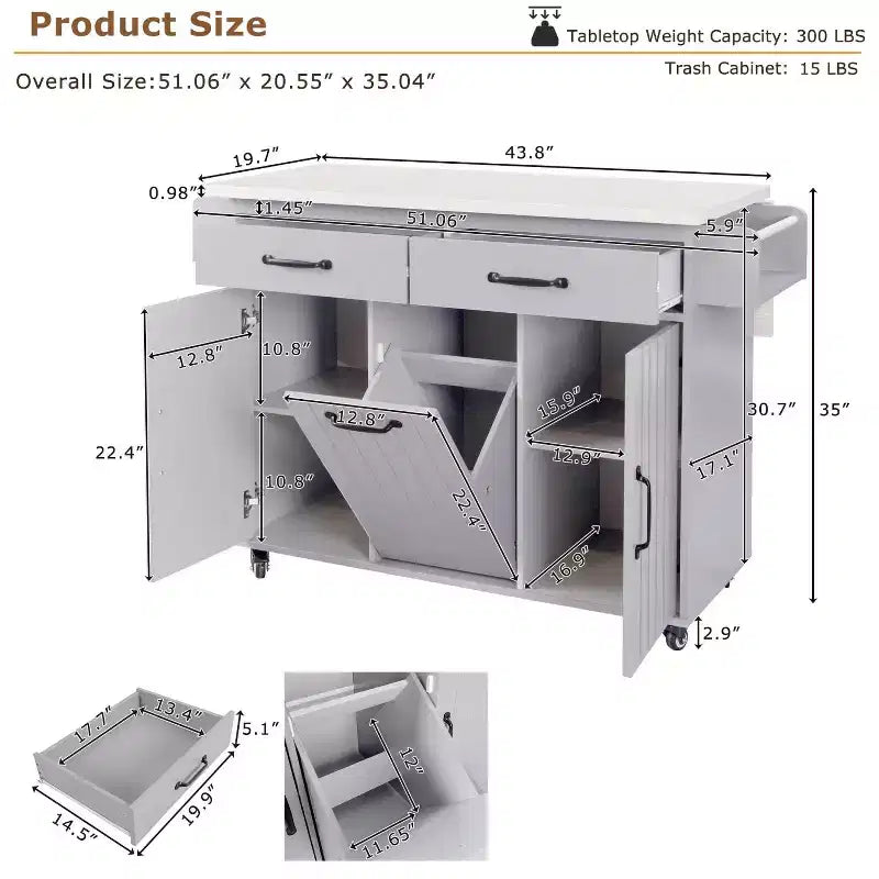 Isola da Cucina con Mobile Contenitore per Pattumiera, Carrello da Cucina con Anta a Ribalta, Isola da Cucina su Ruote con Ripiano Regolabile e Cassetto
