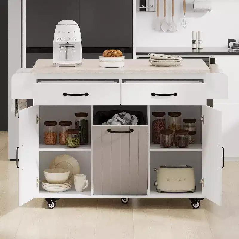 Isola da Cucina con Mobile Contenitore per Pattumiera, Carrello da Cucina con Anta a Ribalta, Isola da Cucina su Ruote con Ripiano Regolabile e Cassetto